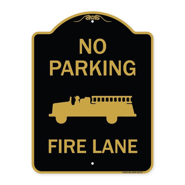 Signmission No Parking Fire Lane Fire Truck, Black & Gold Aluminum Architectural Sign, 18" x 24", BG-1824-23739 A-DES-BG-1824-23739 - main